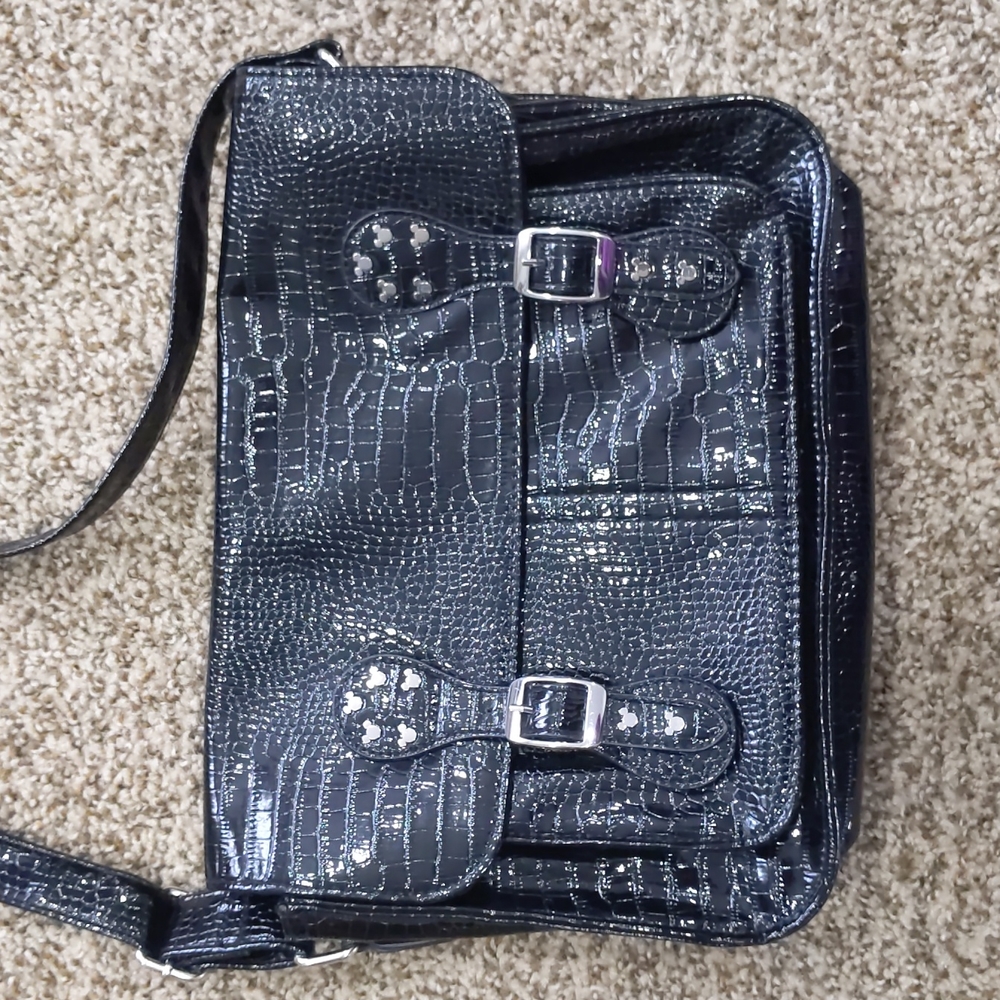Disney Parks black patent faux leather Mickey Minnie mouse ear purse cro…